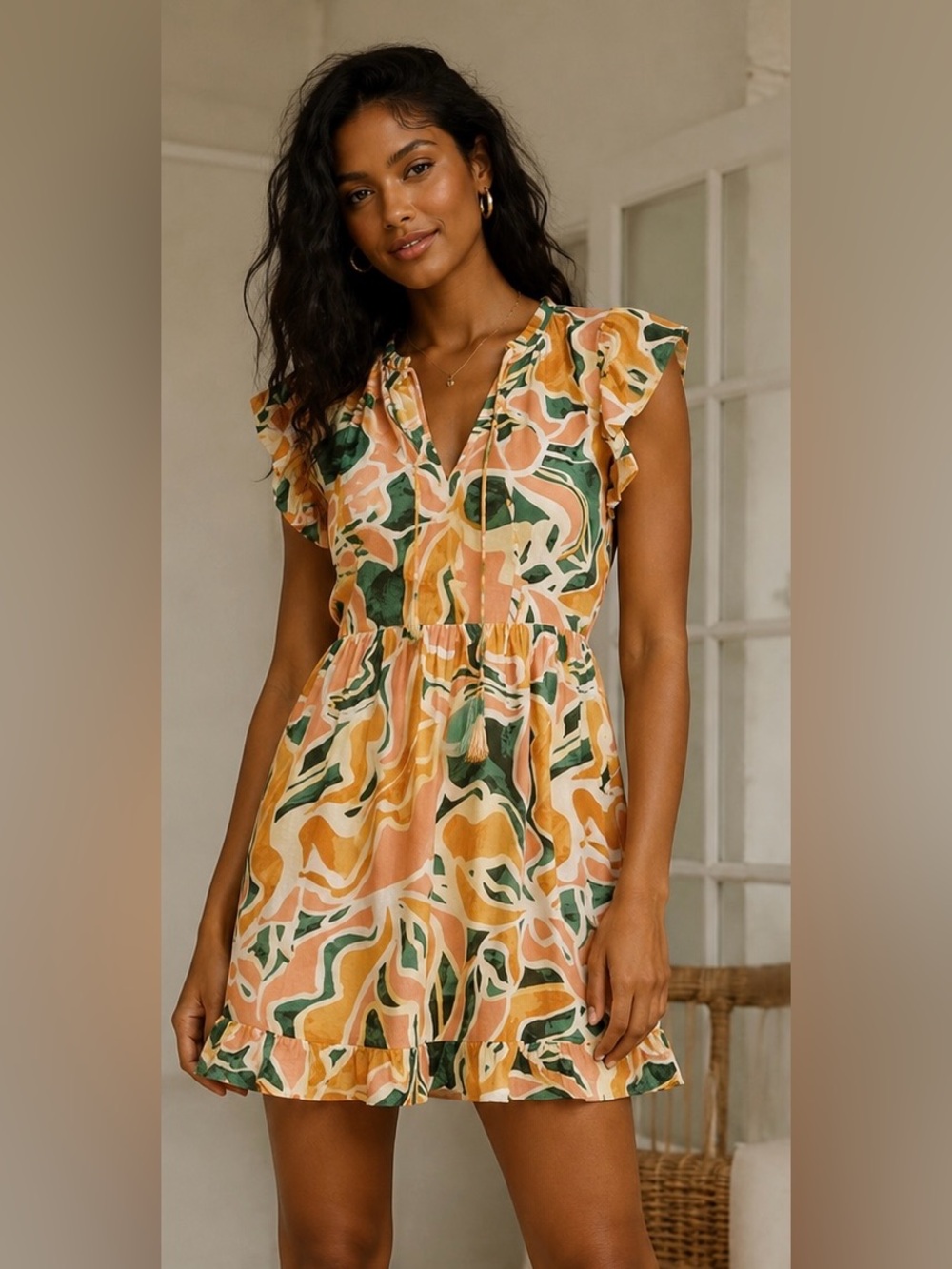 Rails Abstract Floral Ruffle Sleeve Mini Dress XS Peach Green Boho Resort Tiered - Picture 1 of 6
